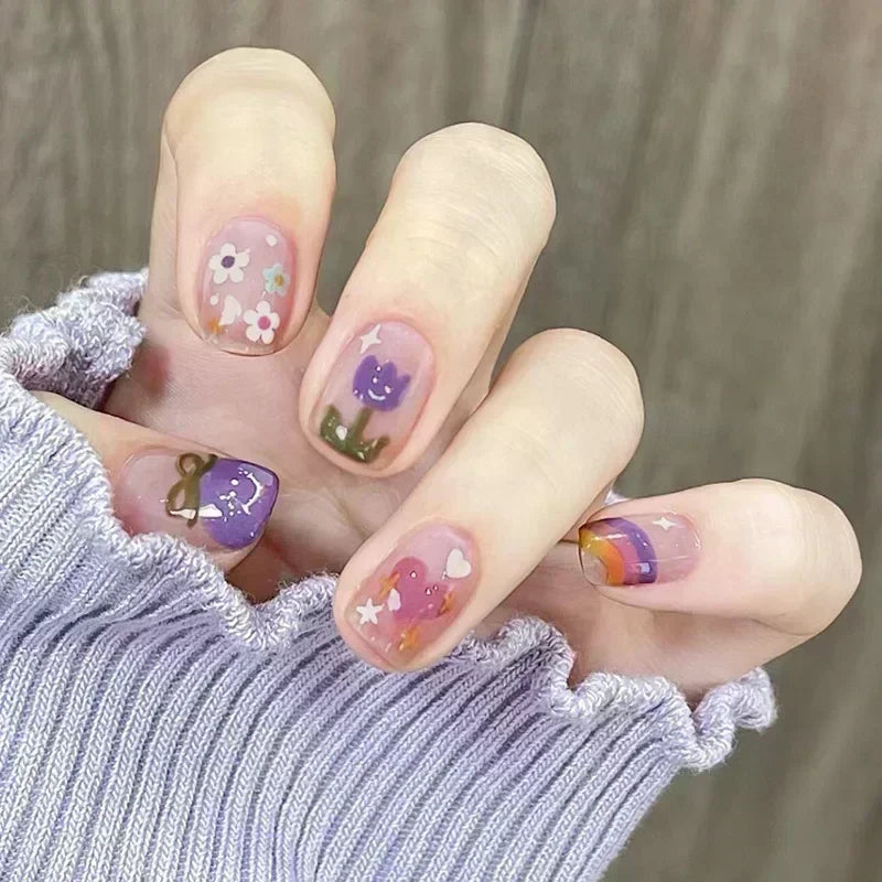 Hnewly 24pcs Detachable Short Press on Nails Y2k rhinestone False Nails with Glue Ballet Sweet Cool Girls Artificial False Nails Tips