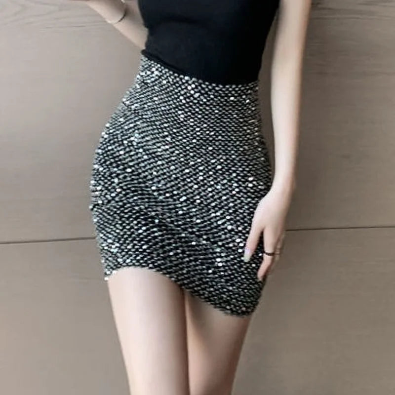 Hnewly Women's Stylish Sexy Short Skirts Sequin Hip Elasticity High Waist Korean Style Fashion Wrap Tight Mini Skirt for Women Elegant