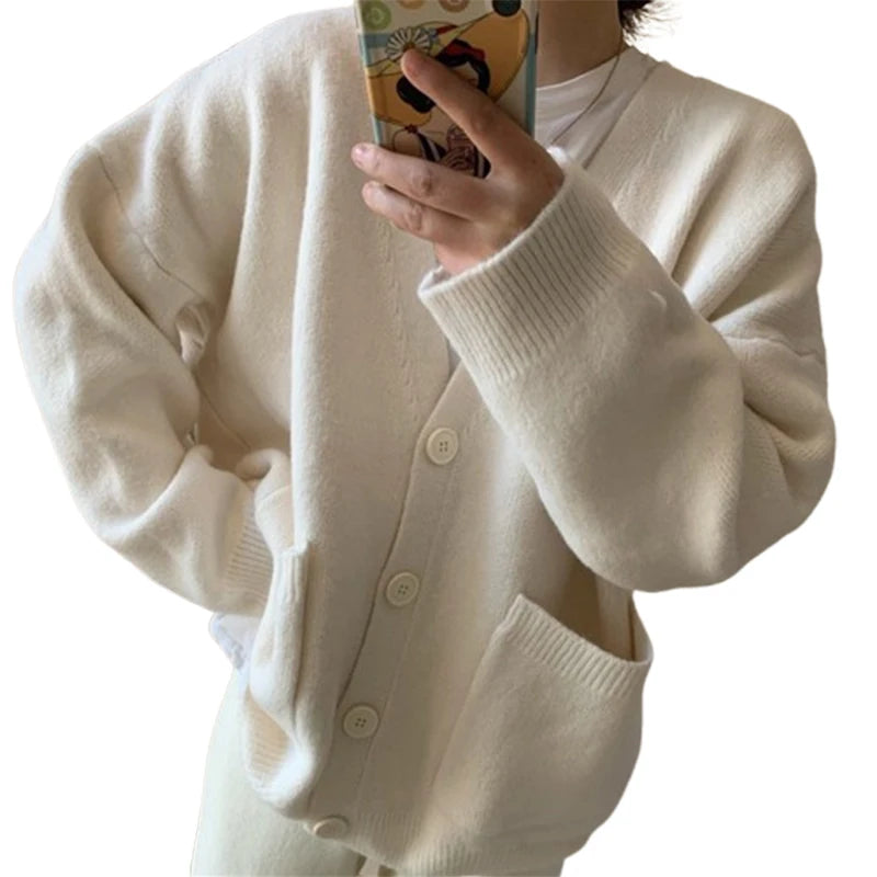 Hnewly Women Cardigan Sweater y2k Clothes Solid Color V Neck Single Breasted Long Sleeve Knitted Tops with Pockets Streetwear
