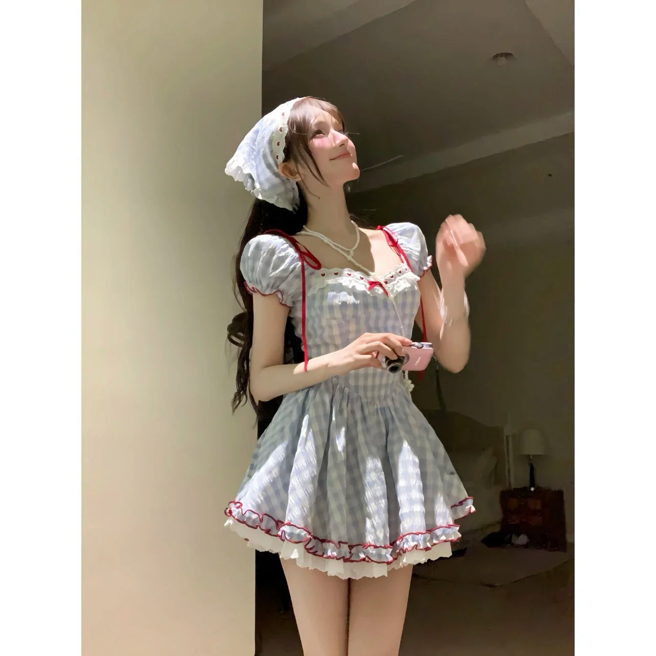 Hnewly Japanese Kawaii Sweet Short Party Dress Women Sleeve Y2k Vintage Plaid Mini Dress Female Elegant Chic Lolita Clothing Outfits