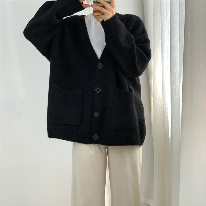 Hnewly Women Cardigan Sweater y2k Clothes Solid Color V Neck Single Breasted Long Sleeve Knitted Tops with Pockets Streetwear