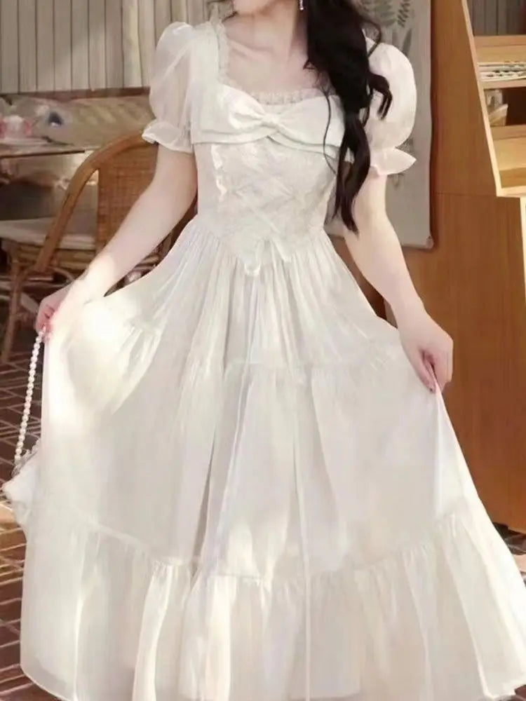 Hnewly  Women Dresses Square Collar Bow Bandage Ribbon Puff Short Sleeve Bow Princess Sweet Elegant Female Dress Casual
