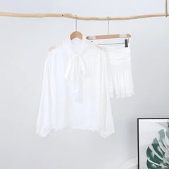 Hnewly  New Elegant Bow Lace Up Top Skirts Set For Women O-neck Long Lantern Sleeve Blouses High Waist Pleated Skirt Lady Outfits