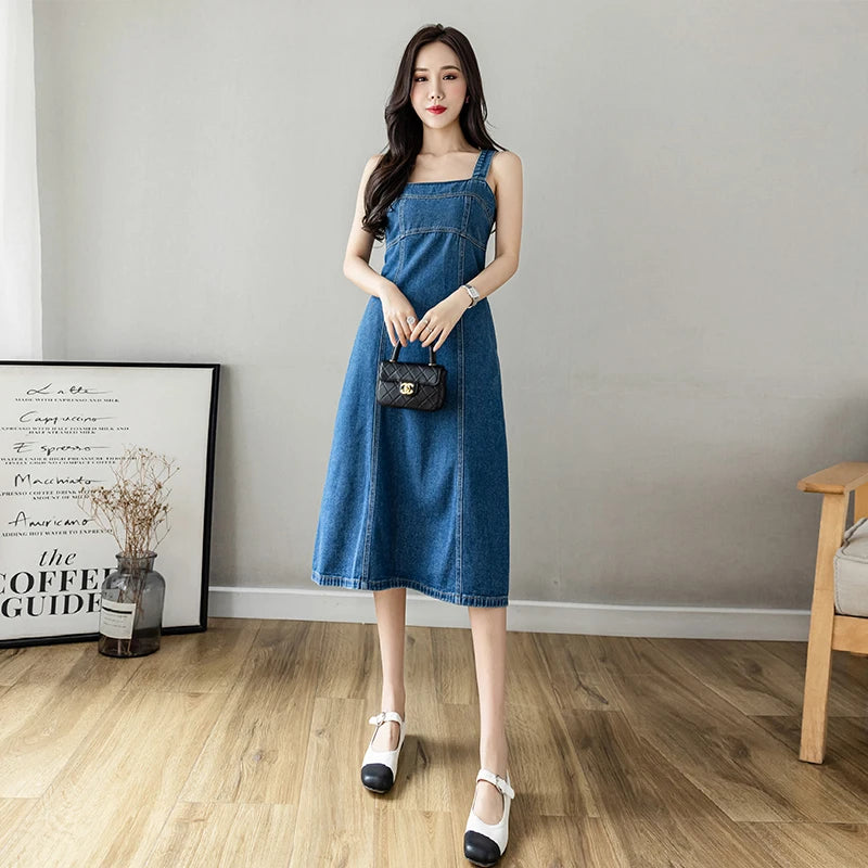 Hnewly  Denim Spaghetti Strap Dress New Summer Women's Retro Strap A-Line Dress Classic Blue Tea-Length Versatile Slim Sun Dresses