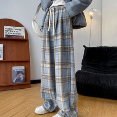 Hnewly  Harajuku Thicken Plaid Pants for Women Autumn Winter Fleece Wide Leg Trousers Woman Baggy Drawstring High Waist Pants Ladies