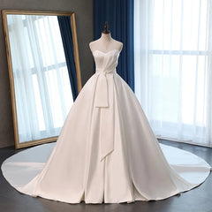 Hnewly  French Satin Wedding Dress Strapless Simple And Slimming Court Wedding Engagement Banquet Bow Trailing Dress