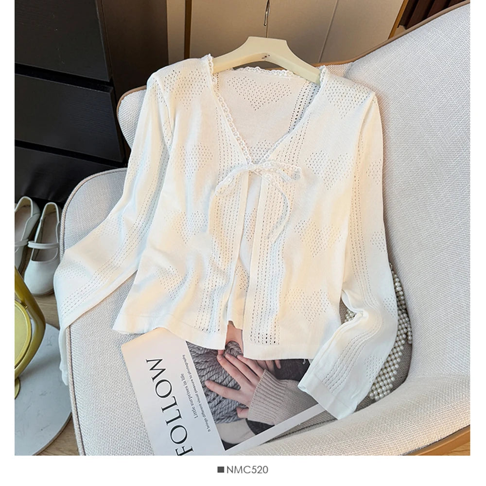 Hnewly  Sweet Lace Trim Heart Hollow Knit Cardigan Women's V-Neck Long Sleeve Early Autumn Bow Tie Loose Fit Female Short Tops