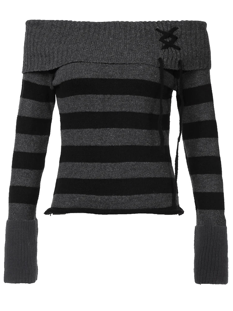 Hnewly Off Shoulder Slim Knitted Stripe Jumper Women Lace-Up Slash Neck Long Sleeve Sweater Tee Korean Fashion Street Knittwear