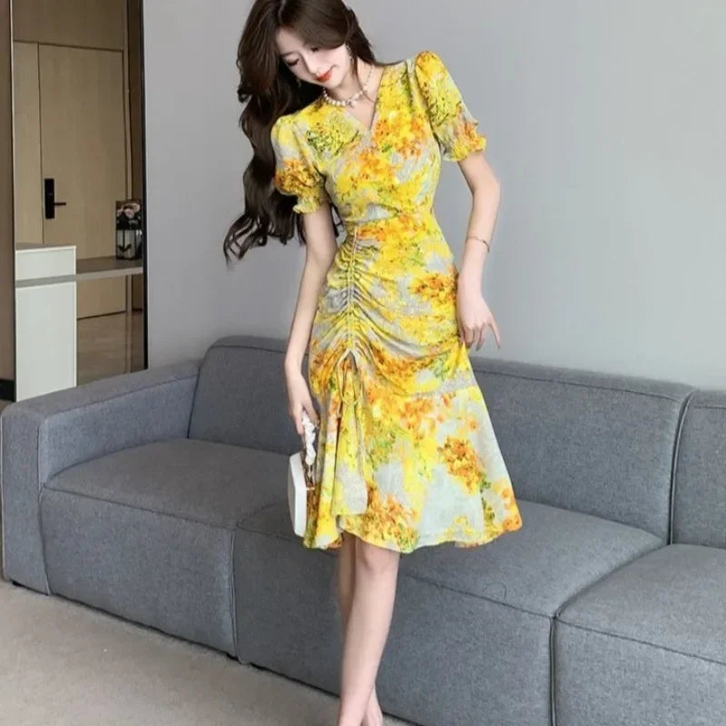 Hnewly Female Dress Beach Women's Dresses Short Sleeve Midi Cheap Casual Elegant Chic Curvy Vintage Pretty Y2k 2025 Fashion Youth Party