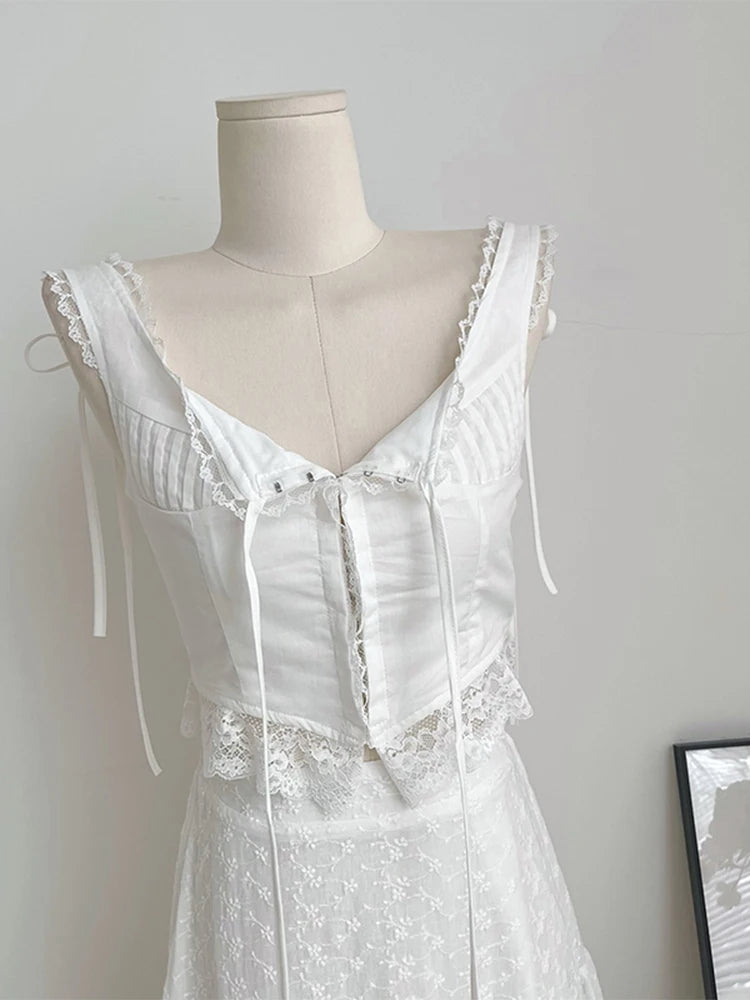 Hnewly Women Vintage 2 Pieces Sets Outfit Lace Patchwork Tie Up Bow Design Slim Crop Suspender Vest+A-line High Waist Pleated Skirts