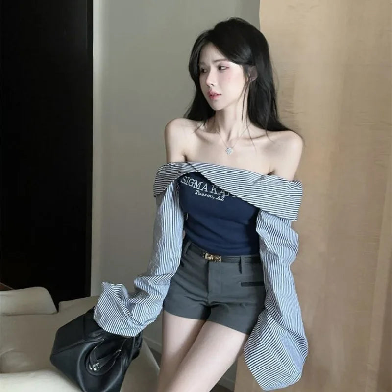 Hnewly  American Retro Striped Slim Fit Shirts Women Y2k Off Shoulder Long Sleeved Blouses Korean Fashion Letter Print Tops Mujer