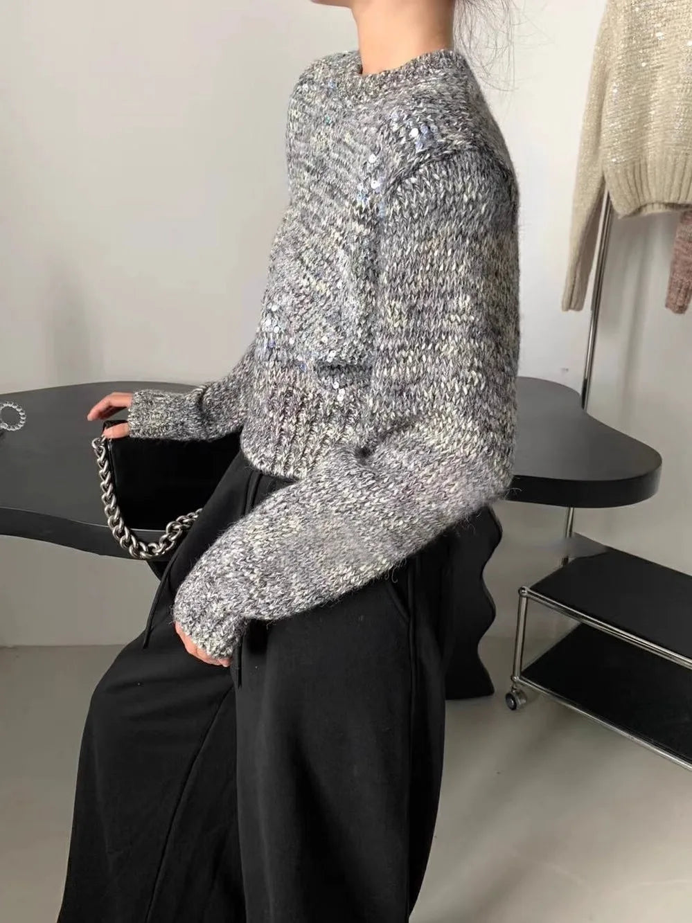 Hnewly  Fashion Sequin Short Sweater for Women's Spring Autumn New Soft Knitted Top Pullover Casual Round Neck Loose All-matched Top