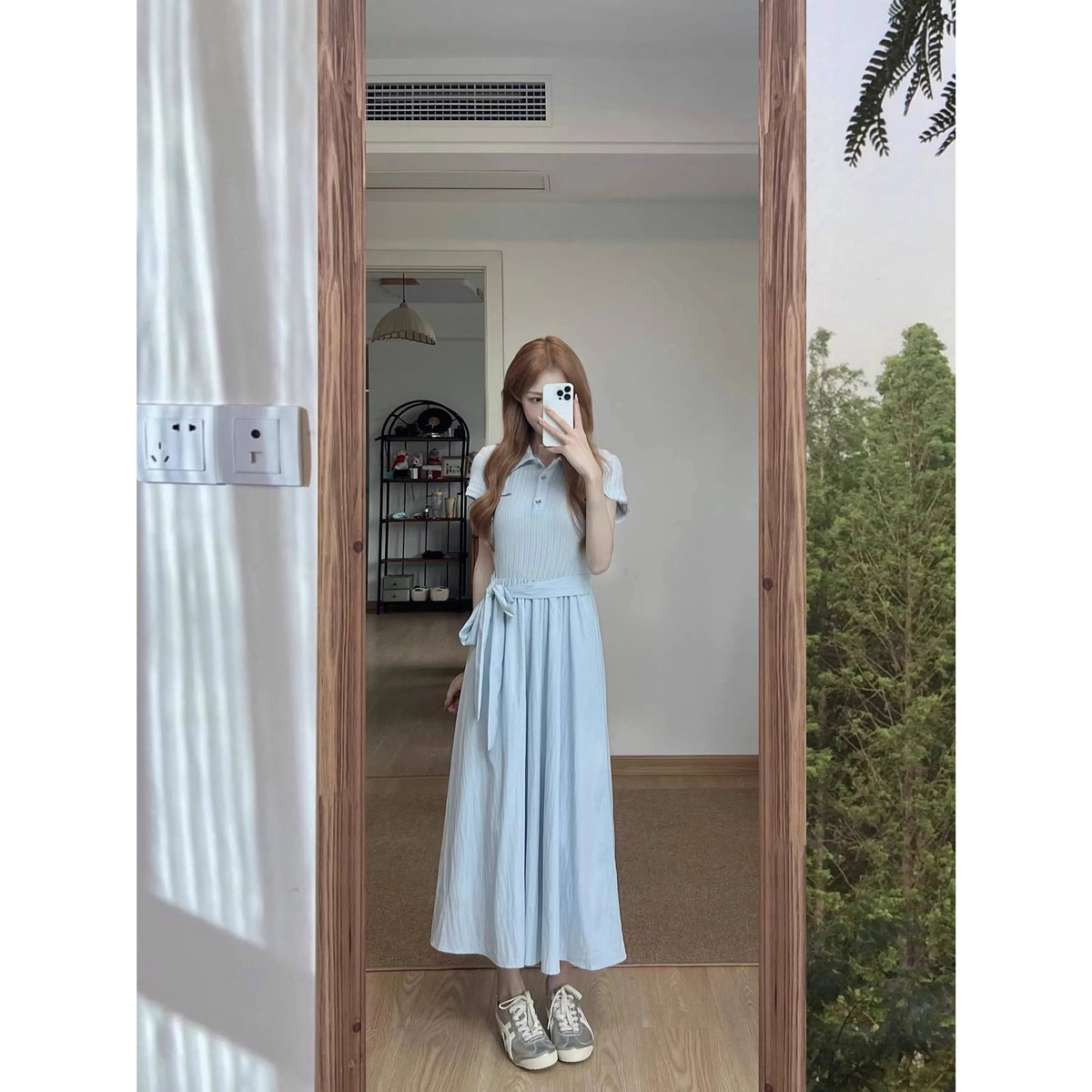 Hnewly  Blue  Collar Short Sleeve Midi Dress Women's A-Line Waist-Cinching Summer Soft Style Knot Front Casual Dress
