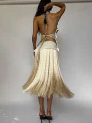 Hnewly  Cutenew Sexy Tassel Halter 2 Piece Set Women Irregular Backless Bandages Tank Top+Patchwork Skirt New Trend Party Streetwear