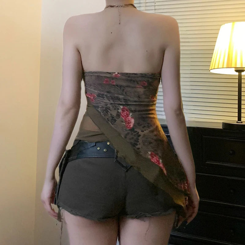 Hnewly Asymmetrical Mesh Print Tube Tops Vintage 2000s Floral Print Skinny A-line Cropped Tops for Women Summer Streetwear Retro