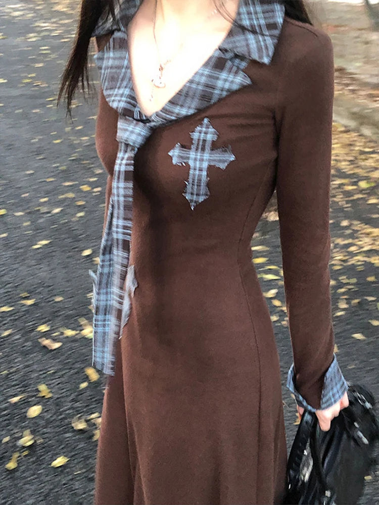 Hnewly Vintage Plaid Patchwork Midi Dress Autumn Korean Long Sleeve Lapel Casual Dress Y2K Elegant Hepburn Style Slim A Line Vestidos