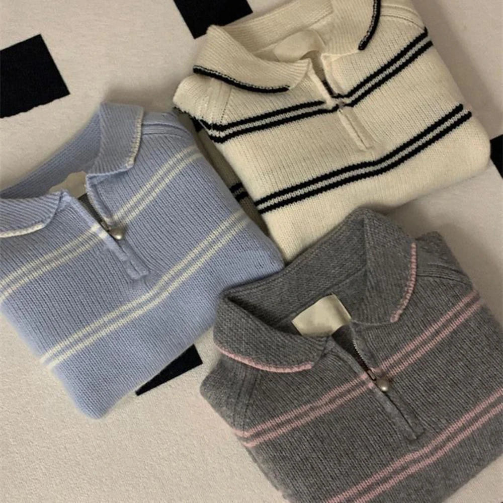 Hnewly  Stripe Short Sweater Women's Korean Style Autumn Winter 2025 New Fashion Contrast Color Knitwear Long Sleeve Pullover Tops