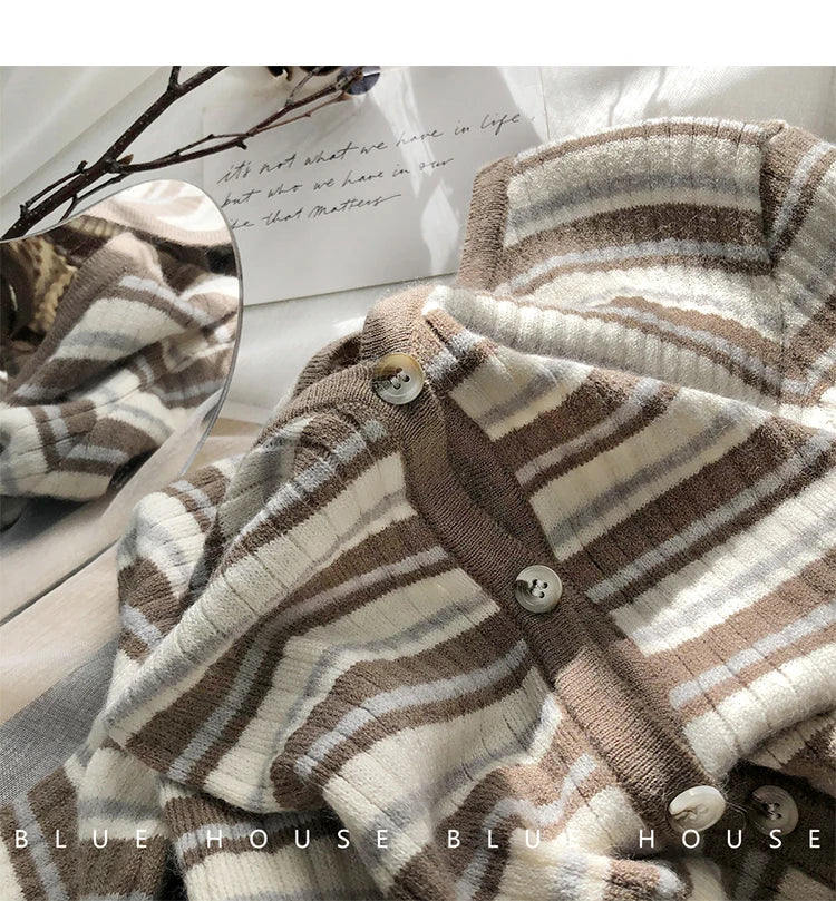 Hnewly  Women's Retro Striped Sweater Korean V-neck Contrasting Spring Autumn Long Sleeved Knitted Cardigan Coat  All-Matchded Loose Top