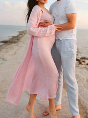 Hnewly  Maternity Dress Photoshoot Pink Two Piece Pregnancy Outfit Knit Maxi Gown with Cardigan Baby Shower Gender Reveal Bump Friendly