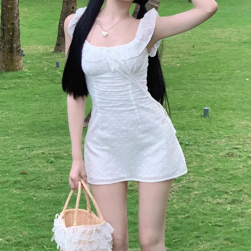 Hnewly A-line Dresses for Women Skinny Solid Flying Sleeve Summer Korean Style Chic Girls Square Collar Ins Lace-up Mini Lovely Girls