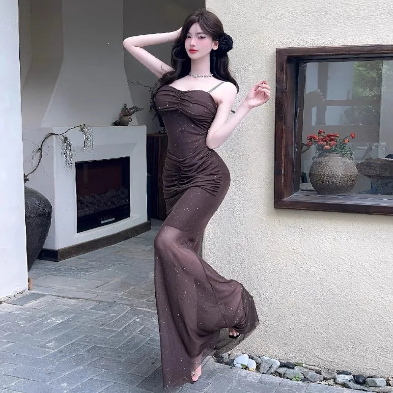 Hnewly  Women Dresses Sleeveless Mesh Patchwork Elegant Slash Neck Sexy Fashion Mermaid Dress Party Female French Style