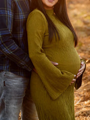 Hnewly  Maternity Photography Dress Textured Flared Sleeve Maxi Gown for Outdoor Pregnancy Photo Shoot Elegant Maternity Photo Outfit