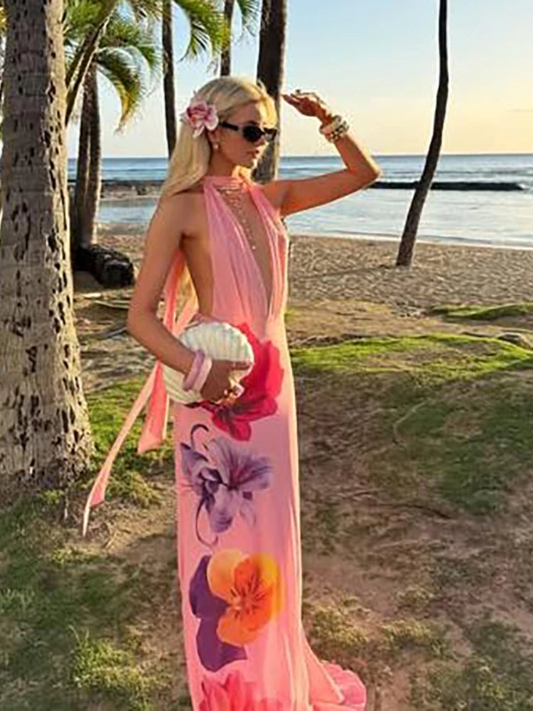 Hnewly Flower Print Dress Women Backless Sleeveless Lace-Up Tassel Halter Folds Patchwork Beach Vacation Party Vestidos