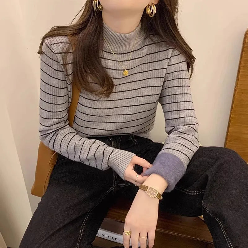 Hnewly  Half High Collar Striped Sweater Velvet Bottoming Shirts for Women's Autumn Winter Thicked Warm Pullover Slim Knitting Top