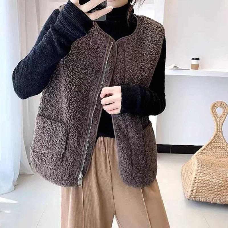 Hnewly casual winter outfits Women Warm Faux Lamb Fur Sleeveless Coat With Pockets Zipper Casual Cardigan traf Jackets Office Coat Vest Winter Autumn