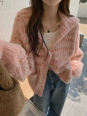 Hnewly  Mohair Sweet Pink Cardigan Sweater Women Elegant Lazy Wind Chic Knitted Coat Loose Long Sleeve Fashion High Quality Tops
