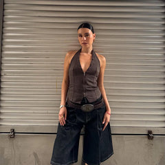 Hnewly  Sexy Women's Backless Halter Vest Street Slim Stripe Zipper Sleeveless Female Tanks Spring Summer Lady Vacation Y2k Tops