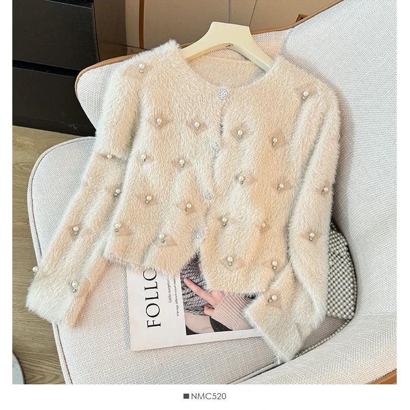 Hnewly  Beading O-Neck Plush Long Sleeved Sweater  Women's Autumn Loose Soft Glutinous Knit Cardigan Elegant Single Breasted Short Top