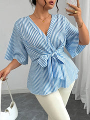 Hnewly  Hot Sale Summer Beach V-Neck Bow Waist Plus Size Shirt Top Blue Stripe Elegant All-Match Large Size Women's Clothing