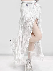 Hnewly  Lace Patchwork White Skirt for Women Irregular Slim Fit Bodycon Split Skirts Summer New Mid-length Faldas Sexy Mujer