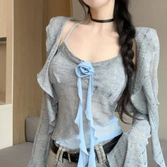 Hnewly  Sweet Vintage 3D Rose Halter Patchwork Camisole Vest+ Irregular Hollow Out Long Sleeve Cardigan Spring New Two Piece Sets