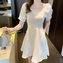 Hnewly  Summer White Square Neck Dress Summer New Fashion High end Elegance Sweet Dress