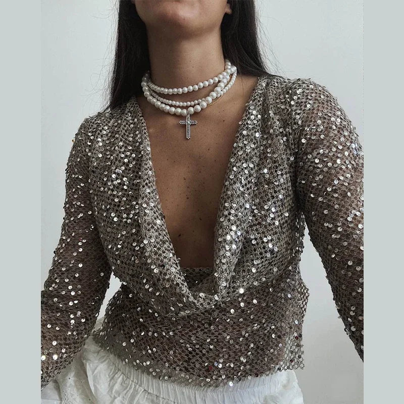 Hnewly  Sexy Women's Sequined Off Shoulder Top Slim Hollow out V-neck Full Sleeve Solid Shirt Autumn Lady Shiny Party Tops New