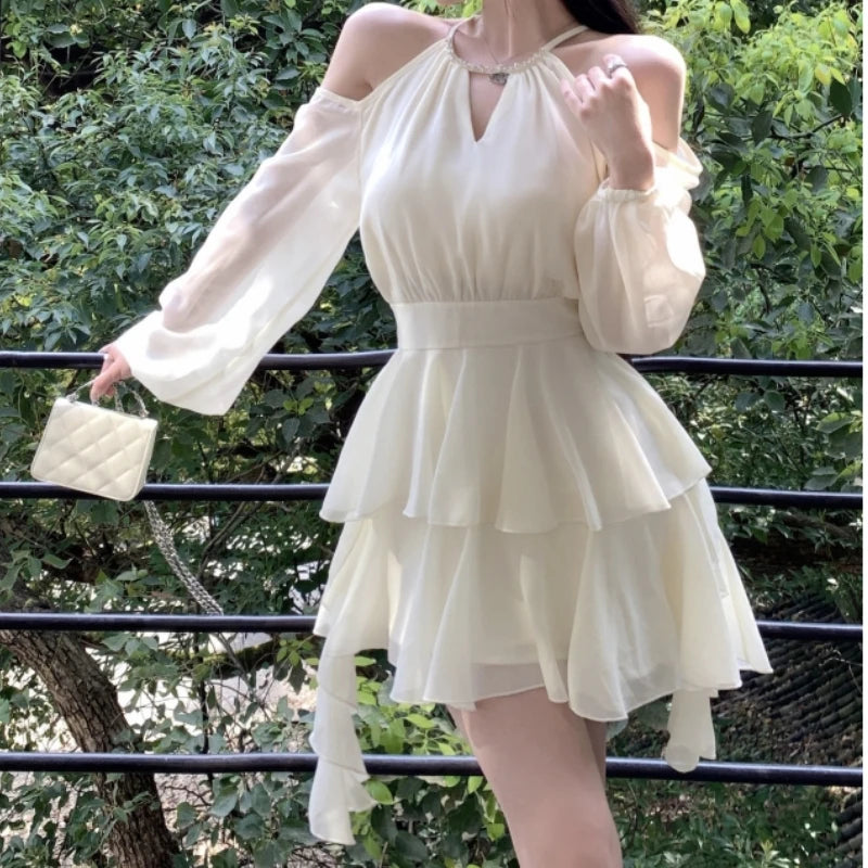 Hnewly  Elegant Chiffon Dresses for Women Fairycore Casual White Dress Sweet Korean Fashion Off Shoulder Summer Mini Dress Slim