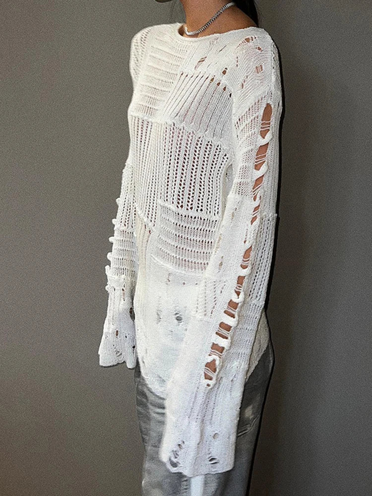 Hnewly FALL OUTFITS Vintage White Ripped Hole Grunge Sweater Women Casual Loose Jumper Solid Long Pullovers Knitted Hollow Out Holidays