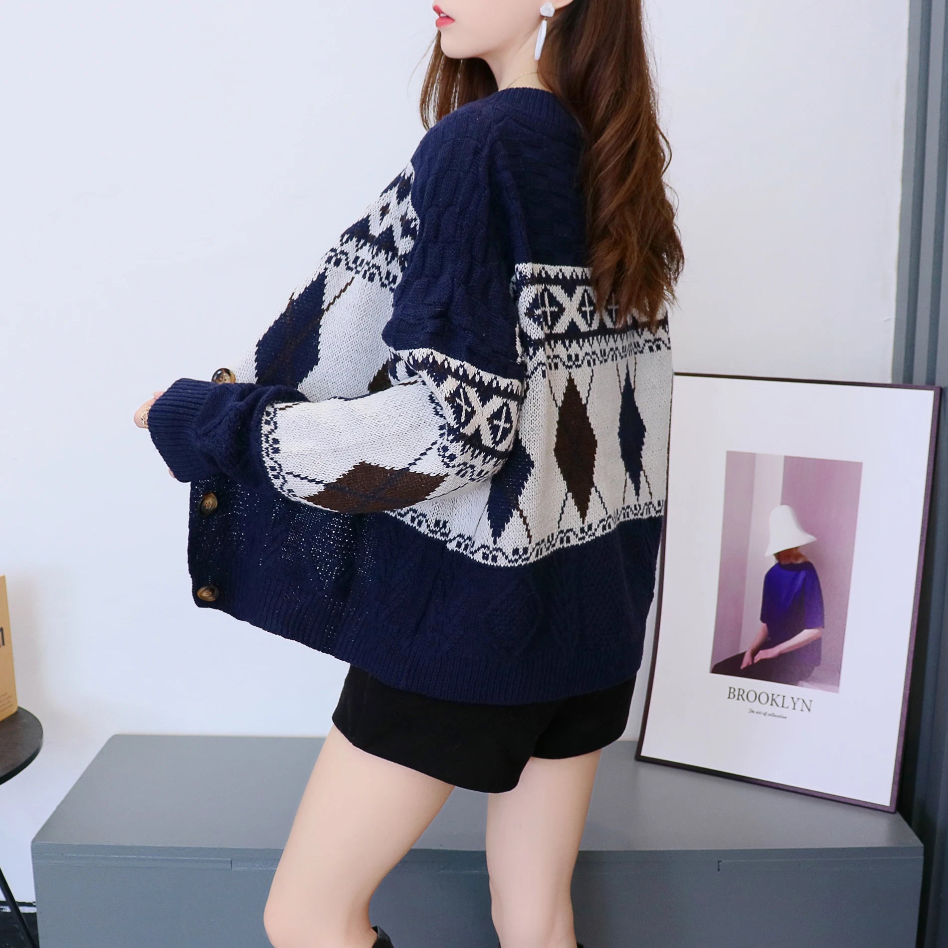 Hnewly  Argyle Cardigan Sweaters Women Geometric Print Long Sleeve Button-up Knitted Coat Soft Knitwear Vintage Fall Winter Outfit