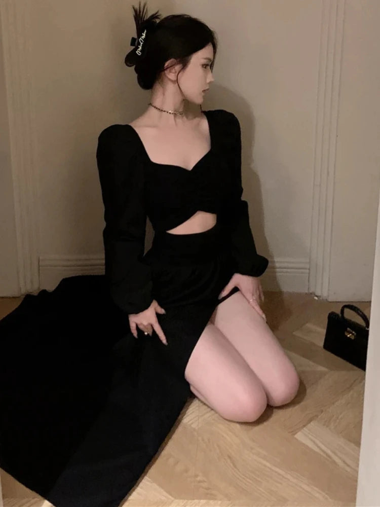 Hnewly holiday dress Long Sleeve Dresses Women Clothes Gown Sexy Side-slit Solid Maxi Vestidos Mujer Chic Autumn French Streetwear Unique Design New