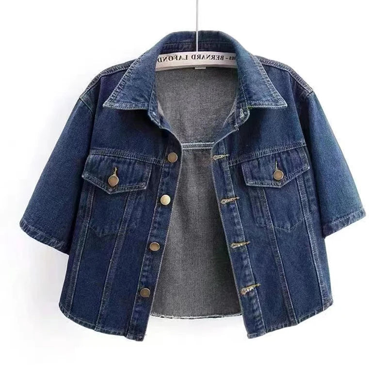 Hnewly Summer Short Sleeved Denim Jacket For Women 2025 Loose Single Breasted Turn Down Collar Loose Coat Korean Fashion Crop Top