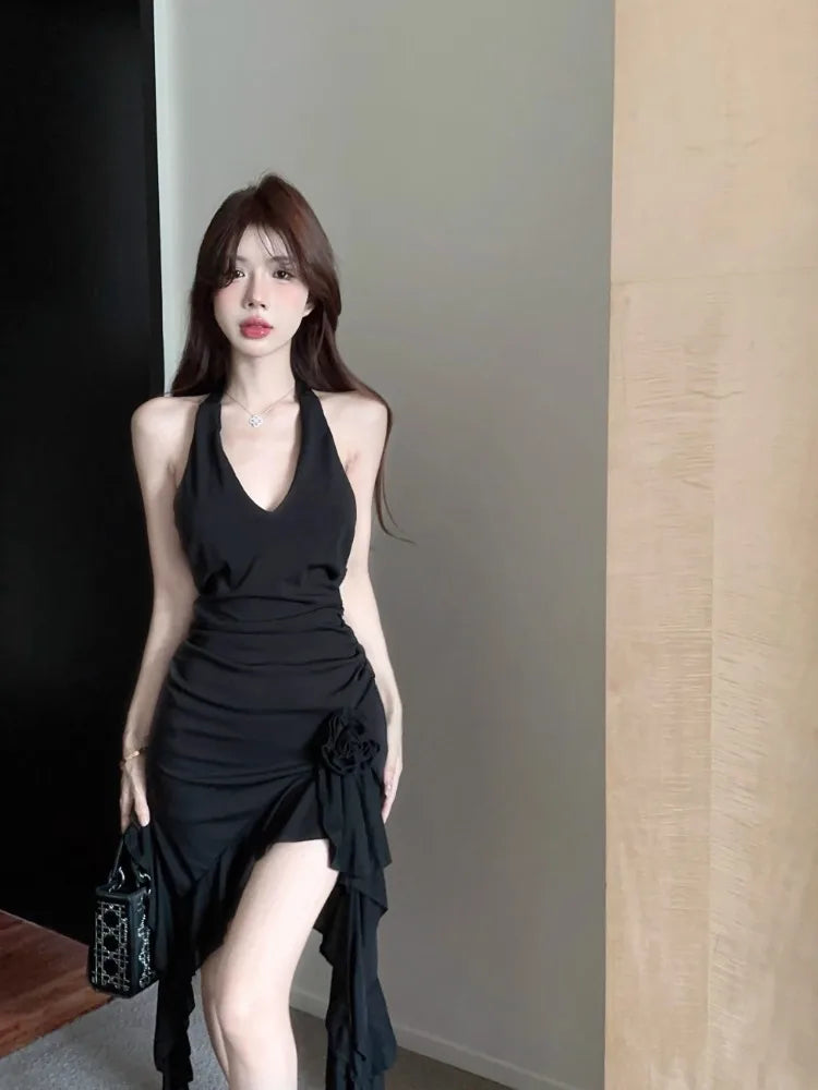 Hnewly  Woman Dress Sexy Sleeveless Slim Backless Irregular Ruffles Split Summer Fashion Temperament Party Dresses Female