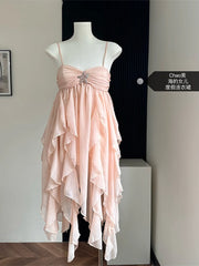 Fashion New Women Vacations Pleated Suspender Vestidos Solid Color Irregular Ruffle Design Female Dress Vintage Cozy Chic