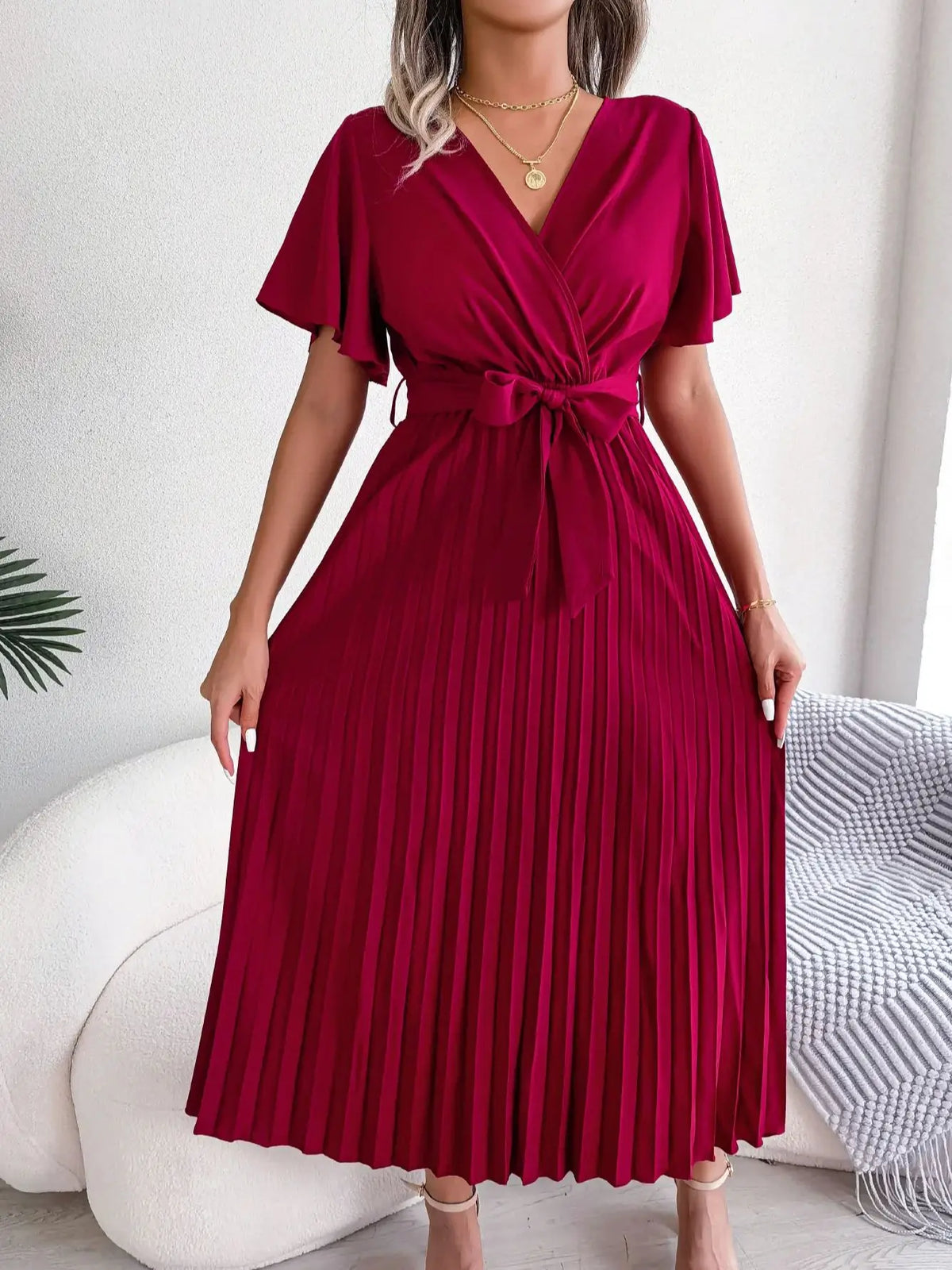 Hnewly  Elegant High Waist Ruffled Sleeve Pleated Maxi Dress, Women's Clothing