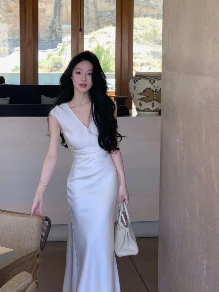 Hnewly French Elegant Midi Dress Even Party Female Summer Casual One Piece Dress Korean Fashion Clothing Beach Style 2000s Vintage