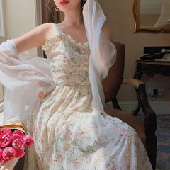 Summer French Sweet Fairy Dress Women Elegant Pearl Button Floral Print Ruffles Party Female Kawaii Korean Cottagecore Dresses