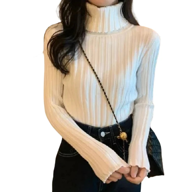 Hnewly Ribbed Sweater Women Clothes Solid Color Turtleneck Lettuce Trim Long Sleeve Pullover Winter Fall Clothing Streetwear