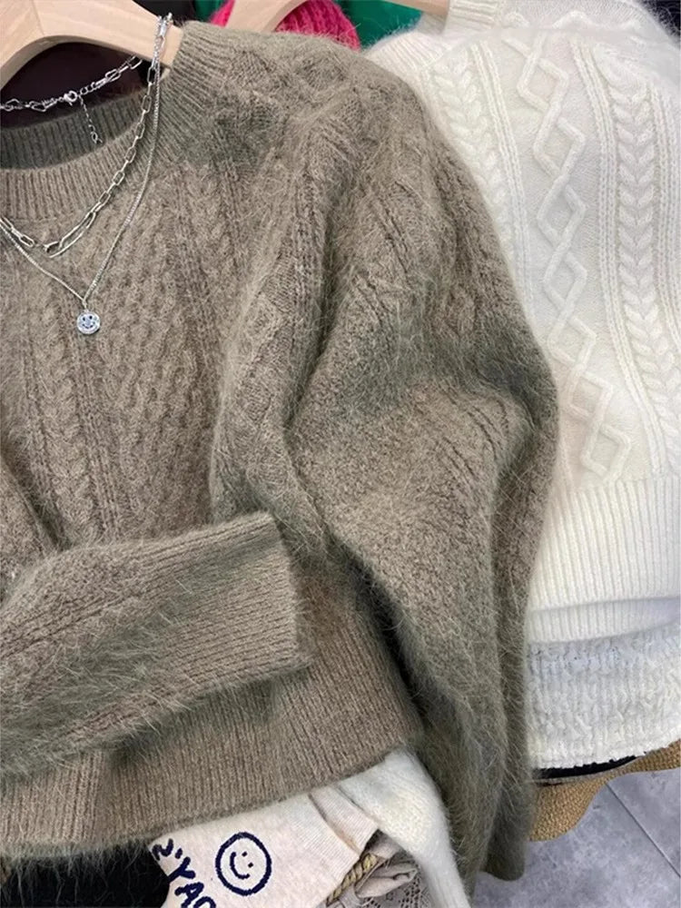 Hnewly  Imitation Raccoon Velvet Sweater Fashion Thread Round Neck Top Women's Autumn Winter Thick Long Sleeve Warm Knitted Hoodie