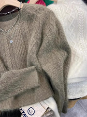 Hnewly  Imitation Raccoon Velvet Sweater Fashion Thread Round Neck Top Women's Autumn Winter Thick Long Sleeve Warm Knitted Hoodie